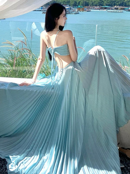 Élégantes robes de bal trapèze licou en mousseline bleue avec dos nu plissé, longue robe de soirée formelle N3970