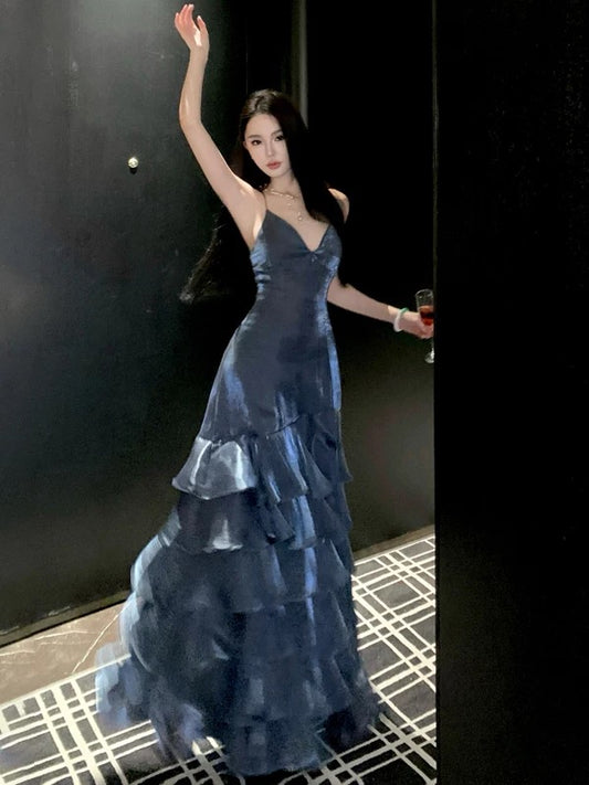 Mermaid Spaghetti Strap Long Backless Prom Dresses Navy Blue Long Formal Dresses N3941