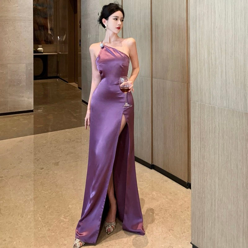 Robe sirène asymétrique en satin raisin élégante pour 21e anniversaire, tenue de printemps-été, de plage, de mariage formel, pour invitée de mariage N3972