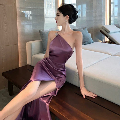Robe sirène asymétrique en satin raisin élégante pour 21e anniversaire, tenue de printemps-été, de plage, de mariage formel, pour invitée de mariage N3972