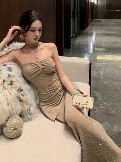 Meerjungfrau Trägerlos Champagner Pailletten 21. Geburtstag Elegantes Outfit Frühling Sommer Strand Formelle Hochzeitsgastkleider N3977