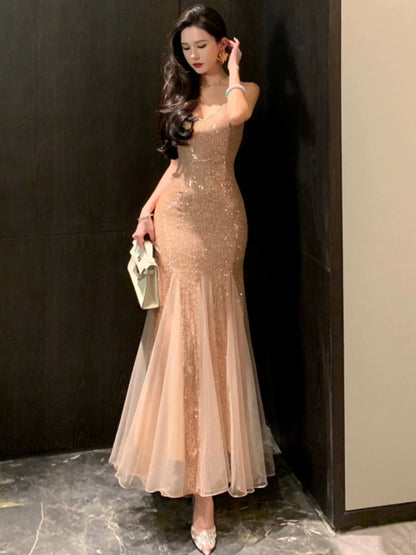 Meerjungfrau-Spaghetti-Träger-Champagner-Pailletten 21. Geburtstag Elegantes Outfit Sommer Strand Formelle Hochzeitsgastkleider N3978