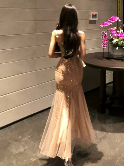 Meerjungfrau-Spaghetti-Träger-Champagner-Pailletten 21. Geburtstag Elegantes Outfit Sommer Strand Formelle Hochzeitsgastkleider N3978