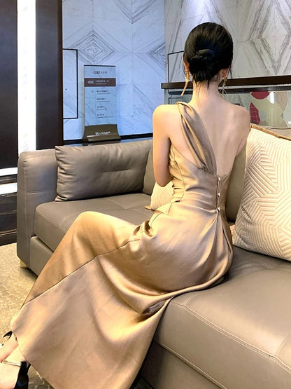 Sexy Prom Dresses Mermaid One Shoulder Champagne Satin With Pleated Formal Evening Dress N3980