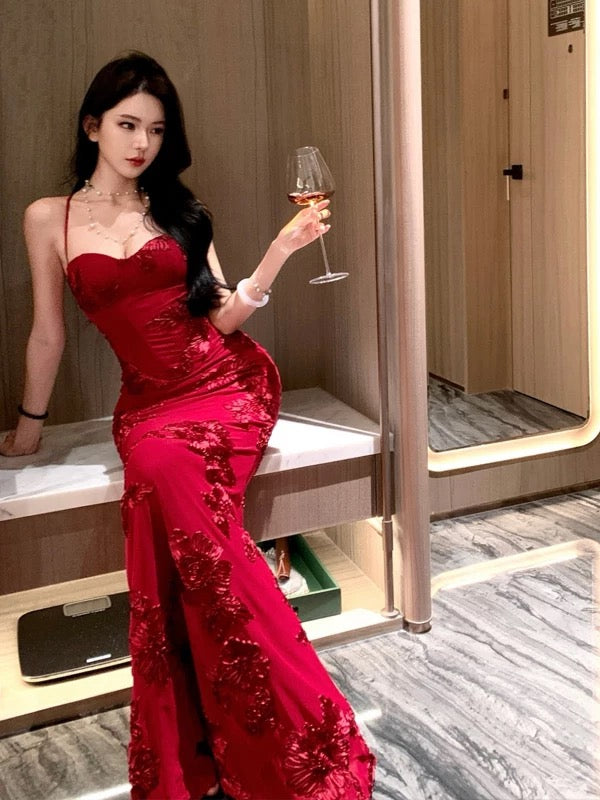 Sexy Mermaid Spaghetti Strap Burgundy Backless Lace 21st Birthday Elegant Outfit Summer Prom Dress Formal Wedding Guest Dresses N3981