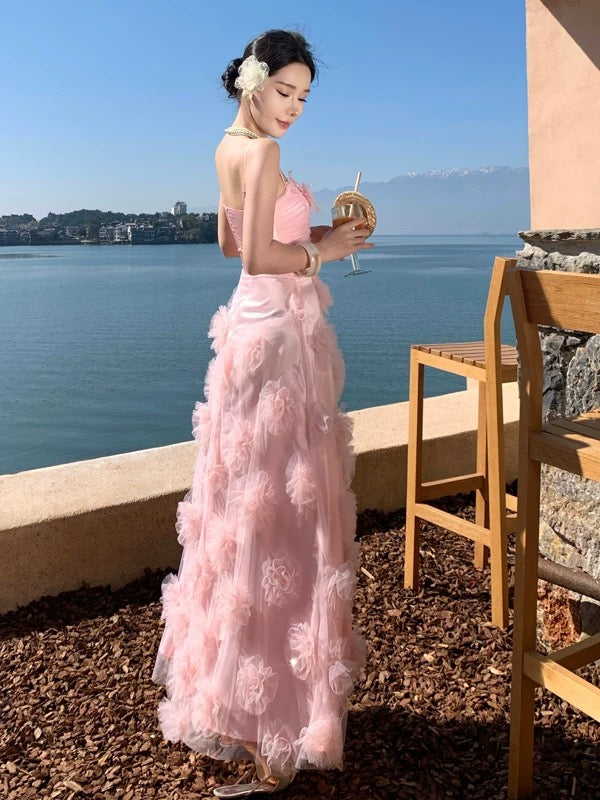 Hübsche Ballkleider A-Linie Spaghettiträger Rosa Tüll Langes formelles Abendkleid N3982