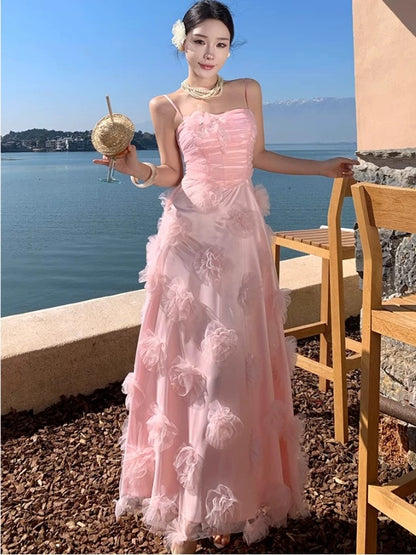 Hübsche Ballkleider A-Linie Spaghettiträger Rosa Tüll Langes formelles Abendkleid N3982