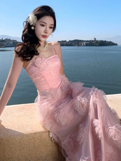 Hübsche Ballkleider A-Linie Spaghettiträger Rosa Tüll Langes formelles Abendkleid N3982