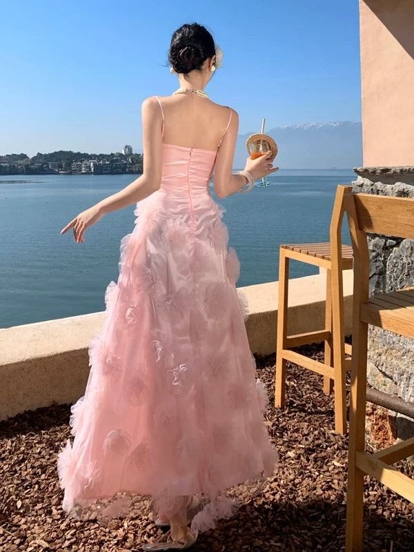 Hübsche Ballkleider A-Linie Spaghettiträger Rosa Tüll Langes formelles Abendkleid N3982