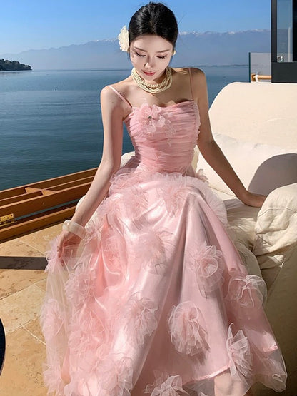 Hübsche Ballkleider A-Linie Spaghettiträger Rosa Tüll Langes formelles Abendkleid N3982