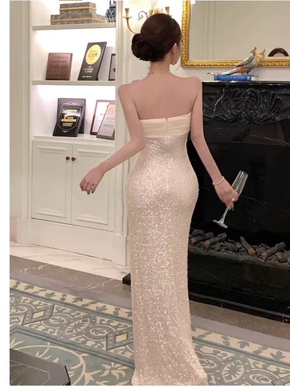 Sexy Mermaid Sweetheart Champagne Sequin 21st Birthday Elegant Outfit Summer Prom Formal Wedding Guest Dresses N3983