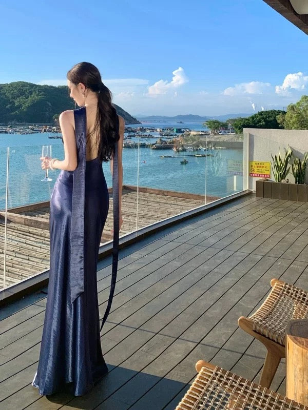 Simple Mermaid Halter Navy Blue 21st Birthday Elegant Outfit Summer Prom Formal Wedding Guest Dresses N3985