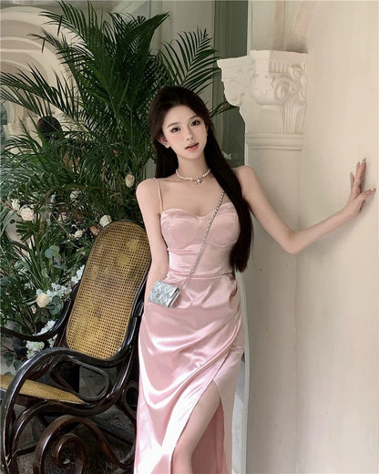 Simple Mermaid Spaghetti Strap 21st Birthday Elegant Outfit Summer Slit Tea Length Wedding Guest Dresses N3987