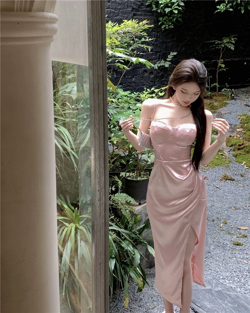 Simple Mermaid Spaghetti Strap 21st Birthday Elegant Outfit Summer Slit Tea Length Wedding Guest Dresses N3987