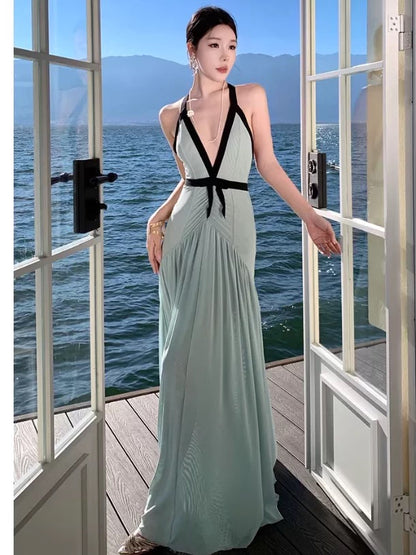 Hübsche Ballkleider Meerjungfrau Neckholder Blau Chiffon Abendkleid Formelles Semilanges Abendkleid N3988