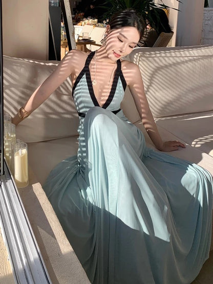 Hübsche Ballkleider Meerjungfrau Neckholder Blau Chiffon Abendkleid Formelles Semilanges Abendkleid N3988