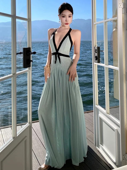 Hübsche Ballkleider Meerjungfrau Neckholder Blau Chiffon Abendkleid Formelles Semilanges Abendkleid N3988