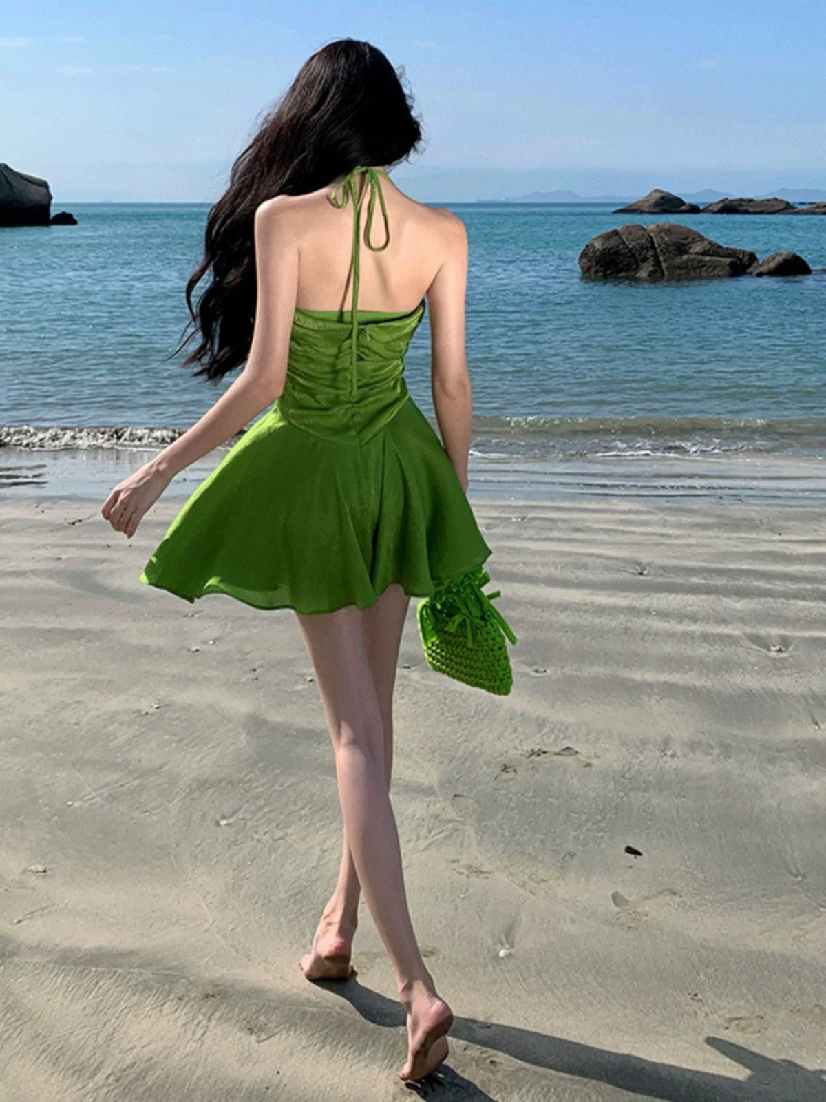 Sexy A-Linien-Partykleid in Grün mit Spaghettiträgern, kurzes Minikleid, Cocktailkleid, Ballkleid N3989