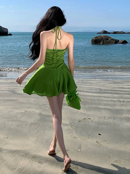 Sexy A-Linien-Partykleid in Grün mit Spaghettiträgern, kurzes Minikleid, Cocktailkleid, Ballkleid N3989