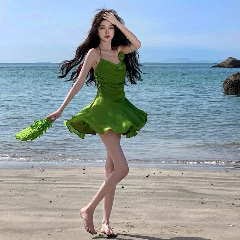 Sexy A-Linien-Partykleid in Grün mit Spaghettiträgern, kurzes Minikleid, Cocktailkleid, Ballkleid N3989