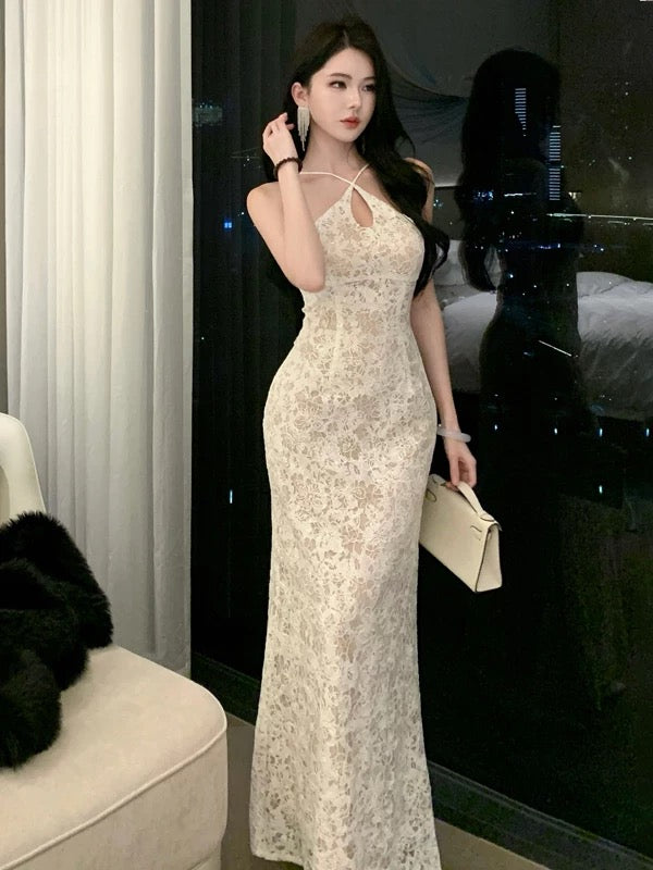 Belles robes de bal sirène en dentelle blanche robe de soirée formelle semi-longue N3990