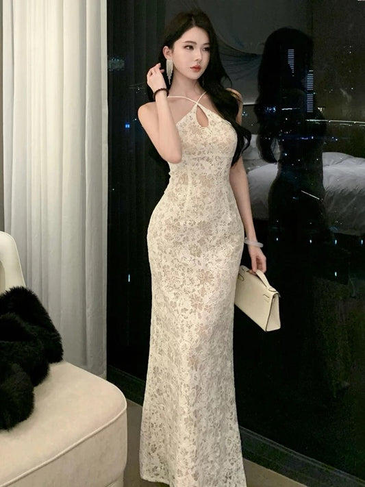 Hübsche Ballkleider Meerjungfrau Weiß Spitze Abendkleid Formelles Semi-langes Abschlussballkleid N3990