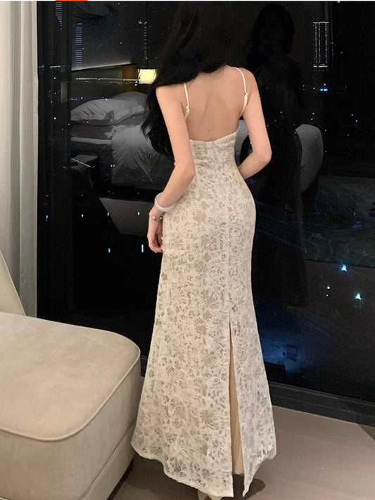 Hübsche Ballkleider Meerjungfrau Weiß Spitze Abendkleid Formelles Semi-langes Abschlussballkleid N3990