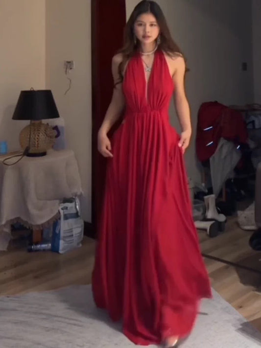 Einfache Ballkleider A-Linie Neckholder Rot Chiffon Rückenfrei Abendkleid Formelles Semilanges Festliches Kleid N3992