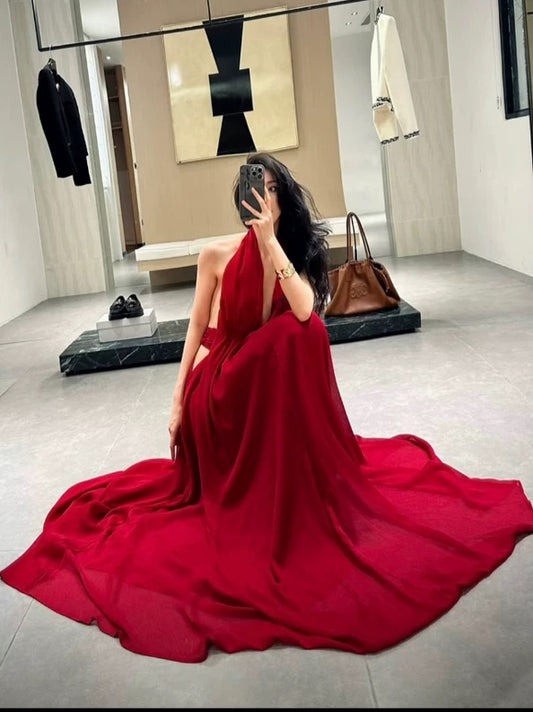 Einfache Ballkleider A-Linie Neckholder Rot Chiffon Rückenfrei Abendkleid Formelles Semilanges Festliches Kleid N3992