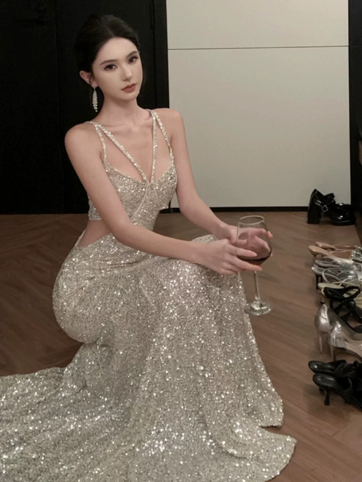 Robe de soirée élégante sirène sexy à fines bretelles et sequins pour 21e anniversaire, tenue d'été formelle pour invitée de mariage N3997