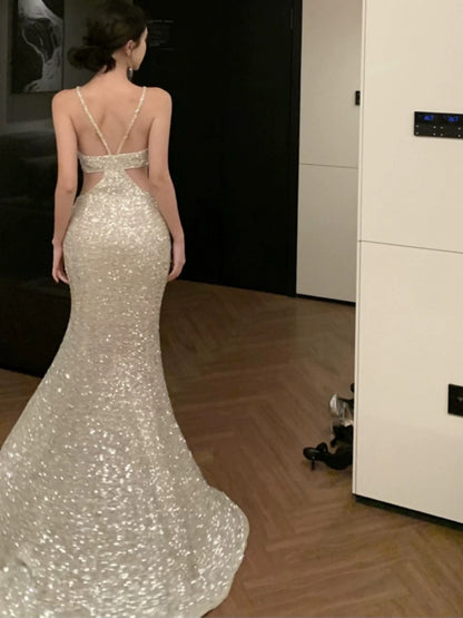 Robe de soirée élégante sirène sexy à fines bretelles et sequins pour 21e anniversaire, tenue d'été formelle pour invitée de mariage N3997