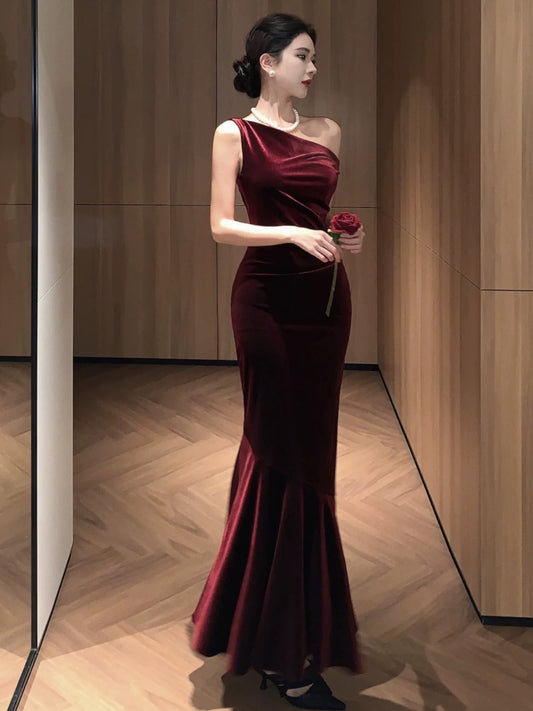 Schlichte Ballkleider Meerjungfrau One-Shoulder Burgund Samt Abendkleid Formelles Langes Formelles Kleid N3998