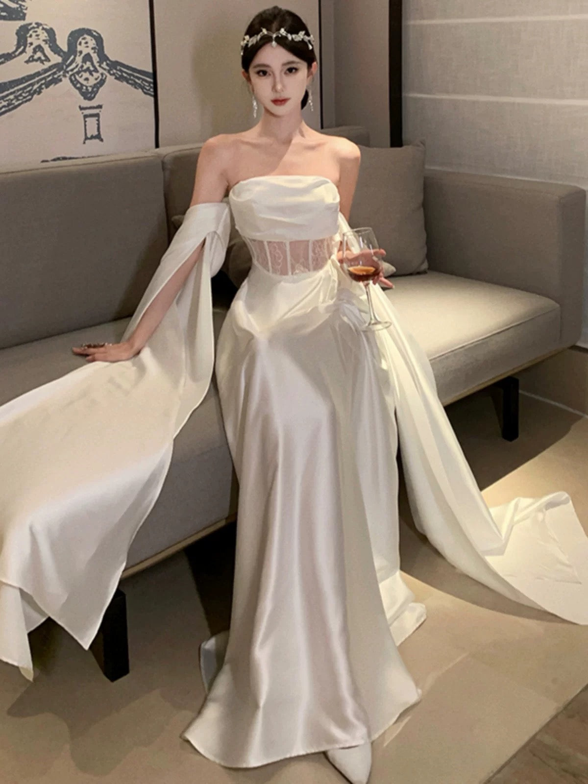 Einfache Abschlussballkleider A-Linie schulterfrei elfenbeinfarbenes Abendkleid festlich mit langen Ärmeln Ballkleid N4001
