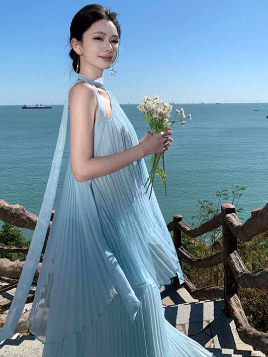 Einfache Abschlussballkleider A-Linie Blau Chiffon Abendkleid Formell mit plissiertem Abendkleid N4003