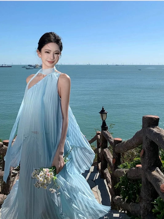 Einfache Abschlussballkleider A-Linie Blau Chiffon Abendkleid Formell mit plissiertem Abendkleid N4003