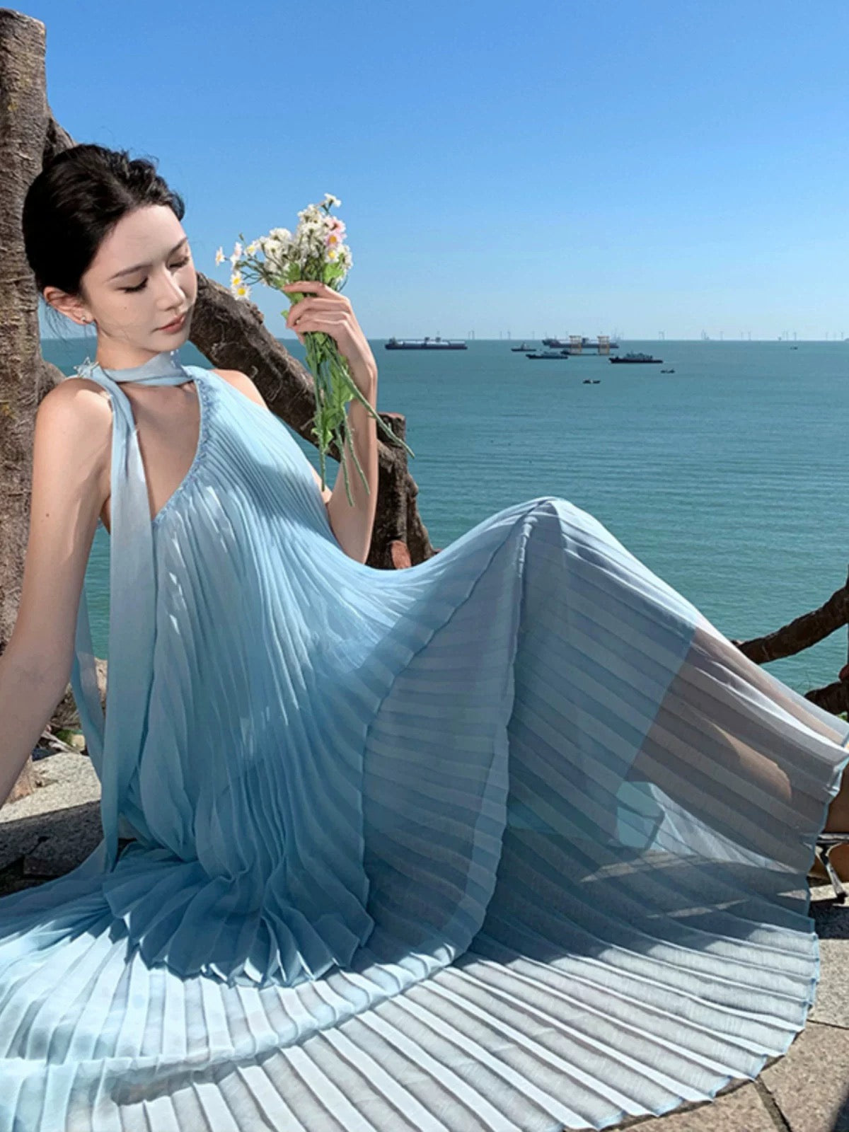 Robes de bal simples, ligne A, en mousseline bleue, robes de soirée formelles plissées N4003