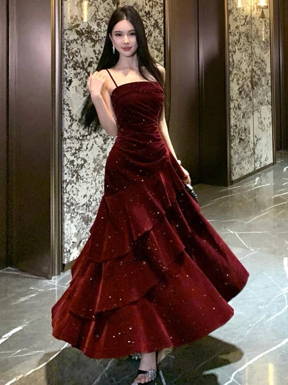 Simple Mermaid Spaghetti Strap 21st Birthday Elegant Outfit Burgundy Velvet Prom Wedding Guest Dresses N4004