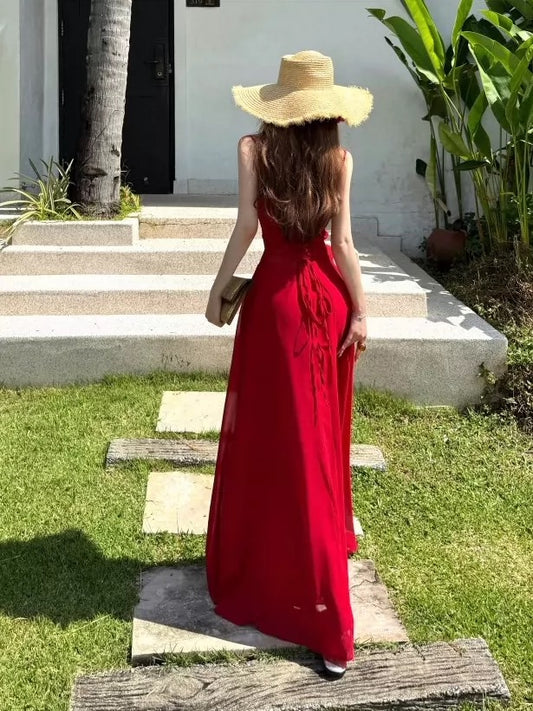 Einfache Abschlussballkleider A-Linie Rot Spaghettiträger Chiffon Abendkleid Formell mit plissiertem Ballkleid N4005