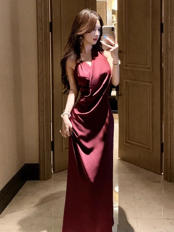 Robe de soirée élégante sirène modeste bordeaux pour 21e anniversaire, invitée de mariage, été N4006