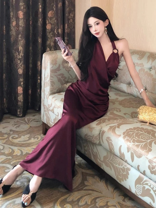 Robe de soirée élégante sirène modeste bordeaux pour 21e anniversaire, invitée de mariage, été N4006