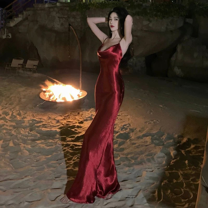 Simple Prom Dresses Mermaid Burgundy Spaghetti Strap Evening Gown Formal With Open Back Formal Dress N4008