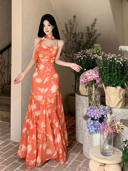Einfache Ballkleider Meerjungfrau Neckholder Orange Chiffon Abendkleid Abendkleid N4009