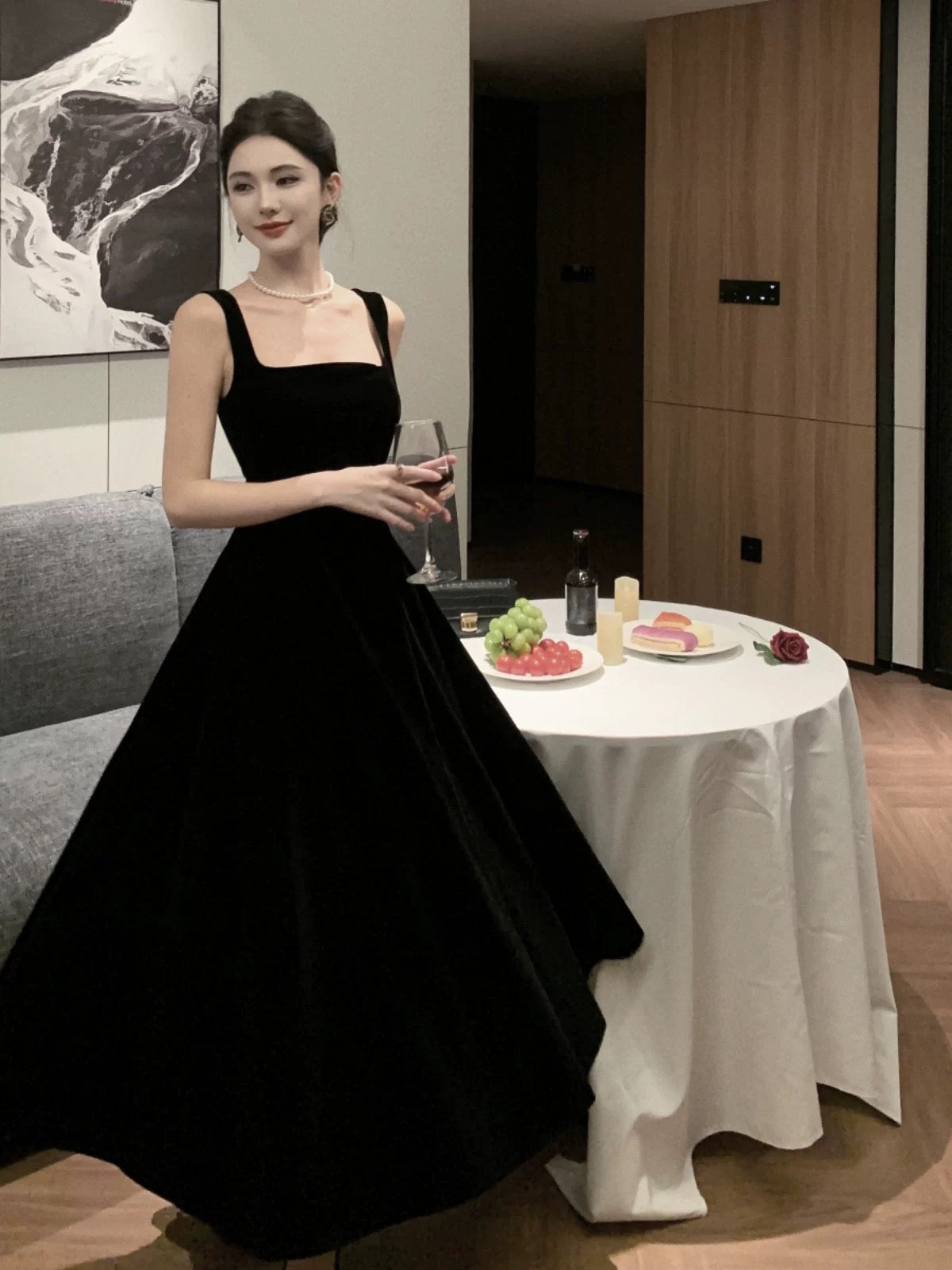 Bescheidenes A-Linien-Samtkleid mit eckigem Ausschnitt in Schwarz für den 21. Geburtstag, elegantes Outfit, formelle Kleider für Hochzeitsgäste N4010