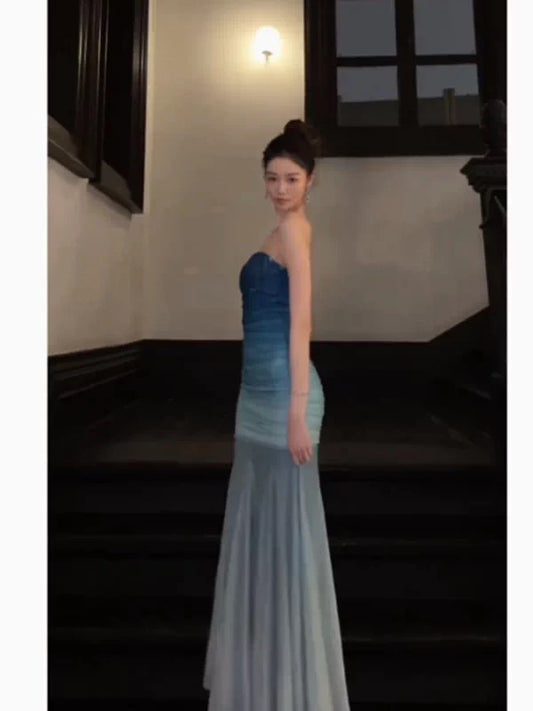 Einfache Abschlussballkleider Meerjungfrau Sweetheart Verlauf Blau Farbe Chiffon Abendkleid Formelles Kleid N4012