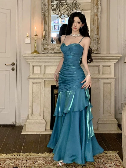 Simple Mermaid Spaghetti Strap 21st Birthday Elegant Outfit Blue Long Prom Wedding Guest Dresses N4013