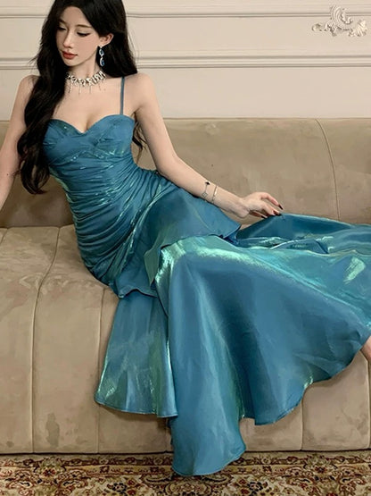 Simple Mermaid Spaghetti Strap 21st Birthday Elegant Outfit Blue Long Prom Wedding Guest Dresses N4013
