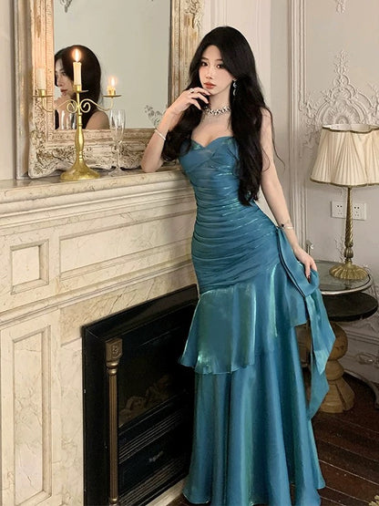 Simple Mermaid Spaghetti Strap 21st Birthday Elegant Outfit Blue Long Prom Wedding Guest Dresses N4013