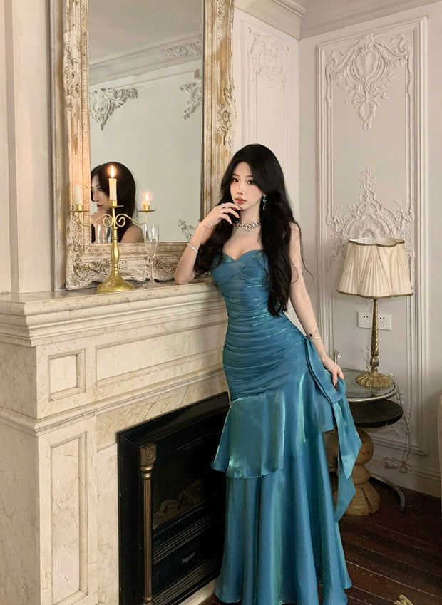 Simple Mermaid Spaghetti Strap 21st Birthday Elegant Outfit Blue Long Prom Wedding Guest Dresses N4013