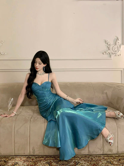 Simple Mermaid Spaghetti Strap 21st Birthday Elegant Outfit Blue Long Prom Wedding Guest Dresses N4013