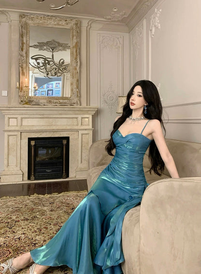 Simple Mermaid Spaghetti Strap 21st Birthday Elegant Outfit Blue Long Prom Wedding Guest Dresses N4013